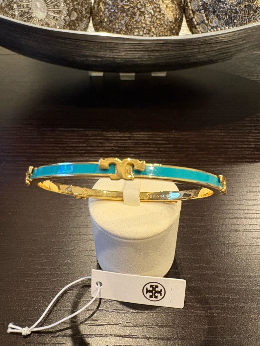 Tory Burch Gold and Turquoise Enamel Logo Hinged Bangle